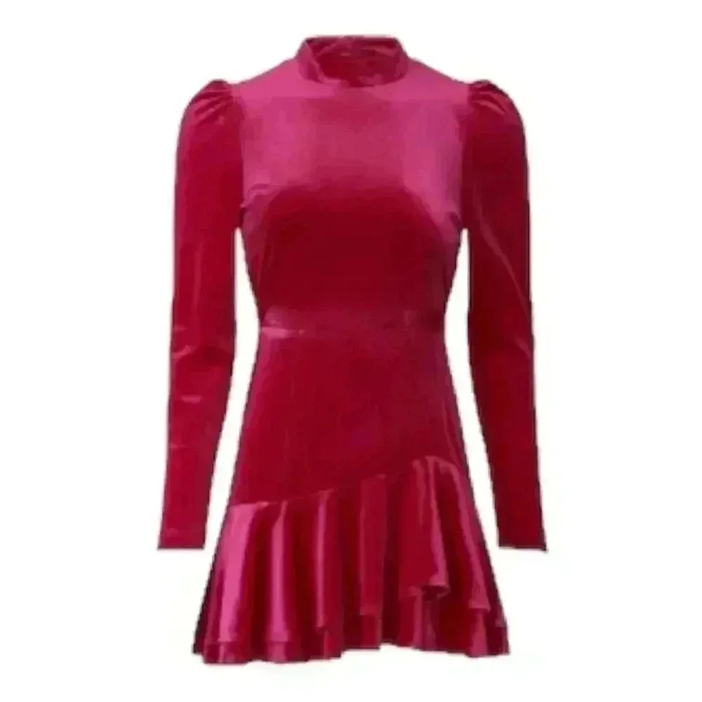 Yumi Kim Shannon Pink Fuschia Velvet Long Sleeve Mini Dress Size Medium - Picture 10 of 12